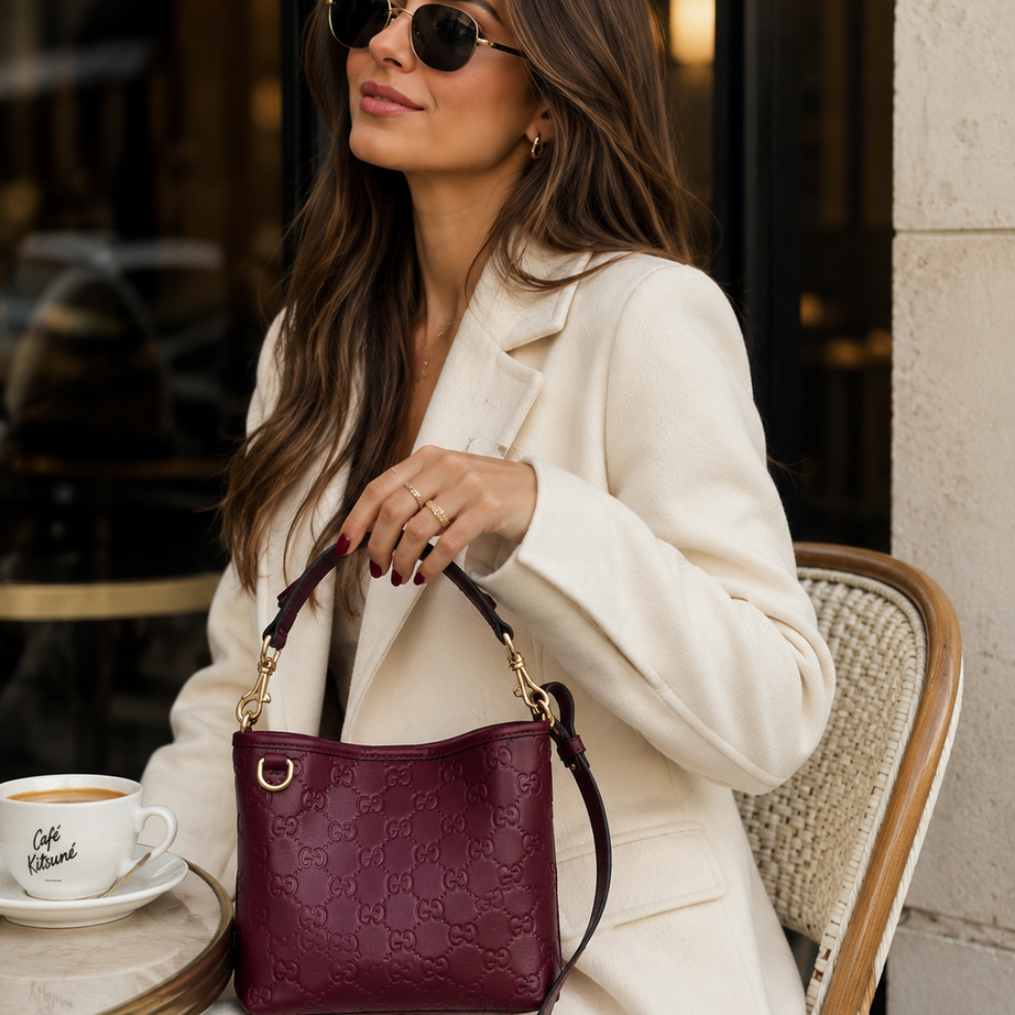GU SMALL EMBLEM BUCKET VINO